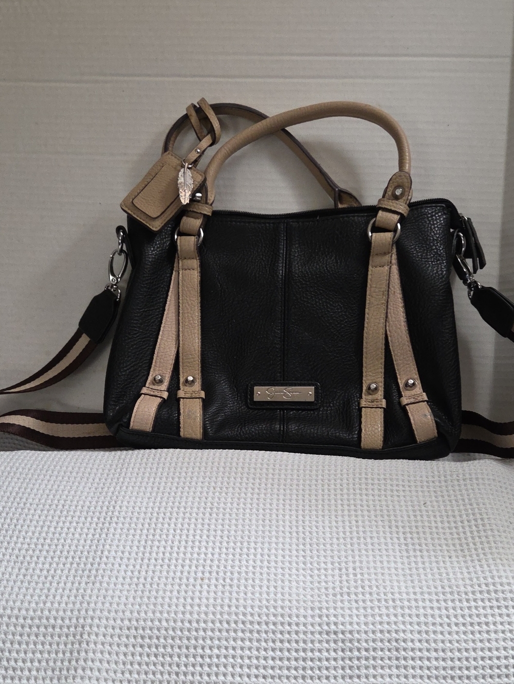 Black and Beige Women's Shoulder Bag with Tan Accents From Jessica Simpson